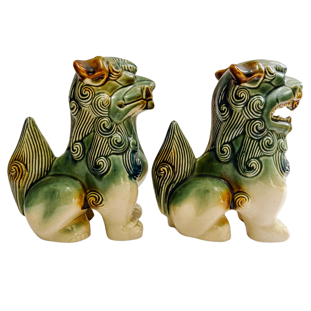 Pair Of Green & Blue Glazed Ceramic Foo Dog Figurines