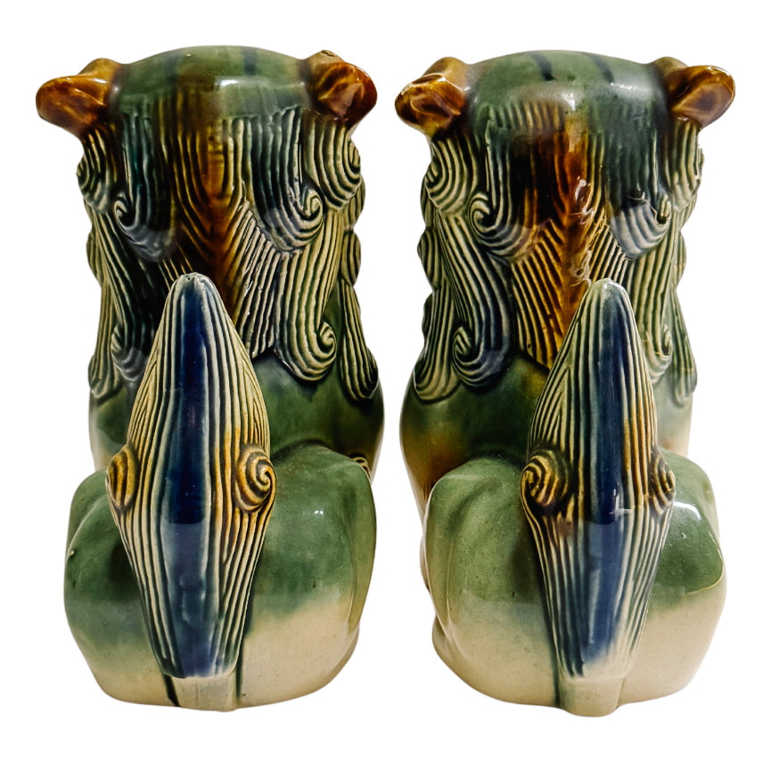 Pair Of Green & Blue Glazed Ceramic Foo Dog Figurines