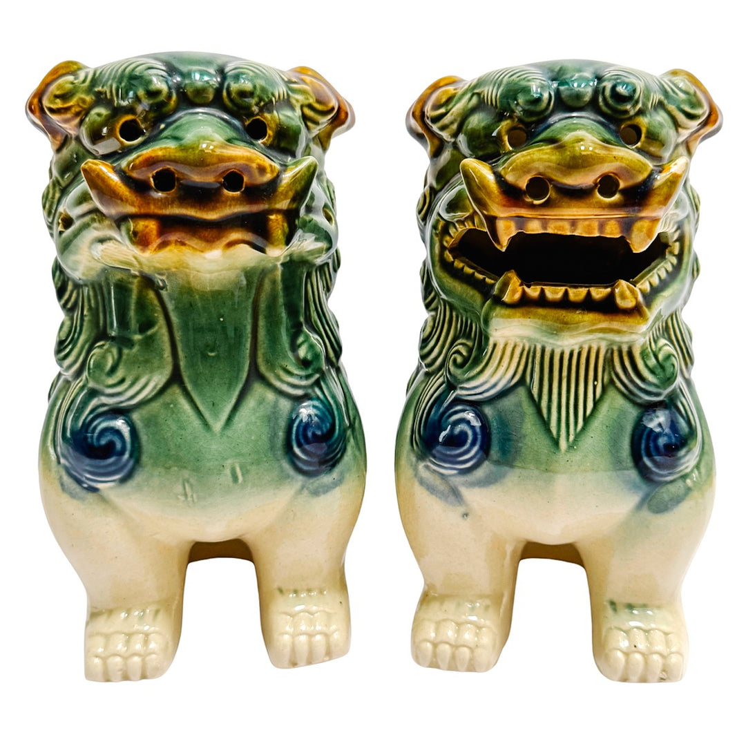 Vintage Green & Blue Glazed Ceramic Foo Dog Figurines