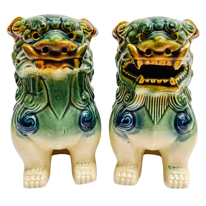 Vintage Green & Blue Glazed Ceramic Foo Dog Figurines