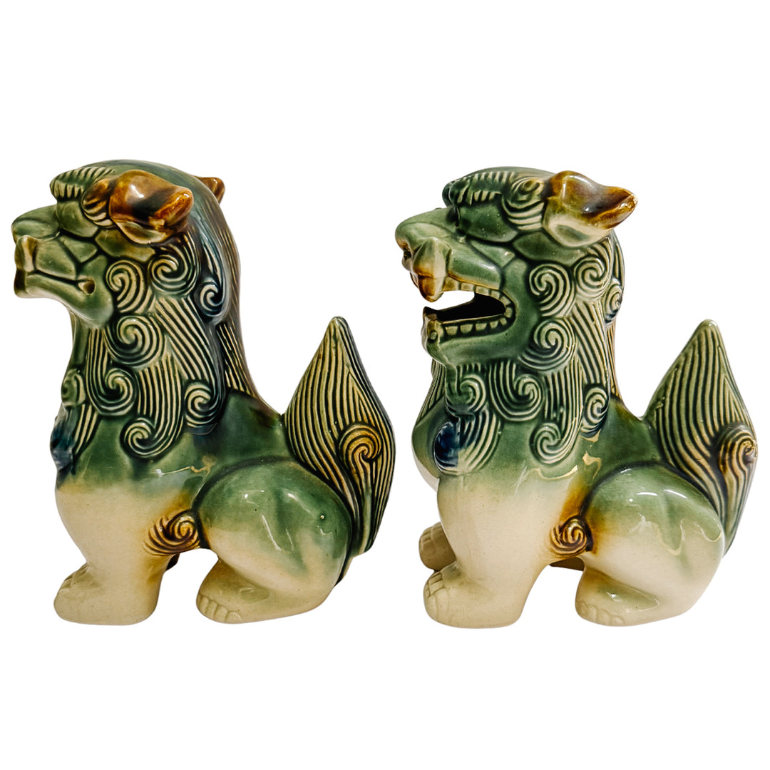 Pair Of Green & Blue Glazed Ceramic Foo Dog Figurines