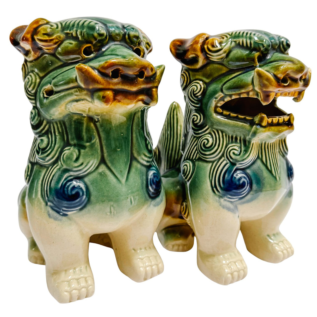 Vintage Green & Blue Glazed Ceramic Foo Dog Figurines