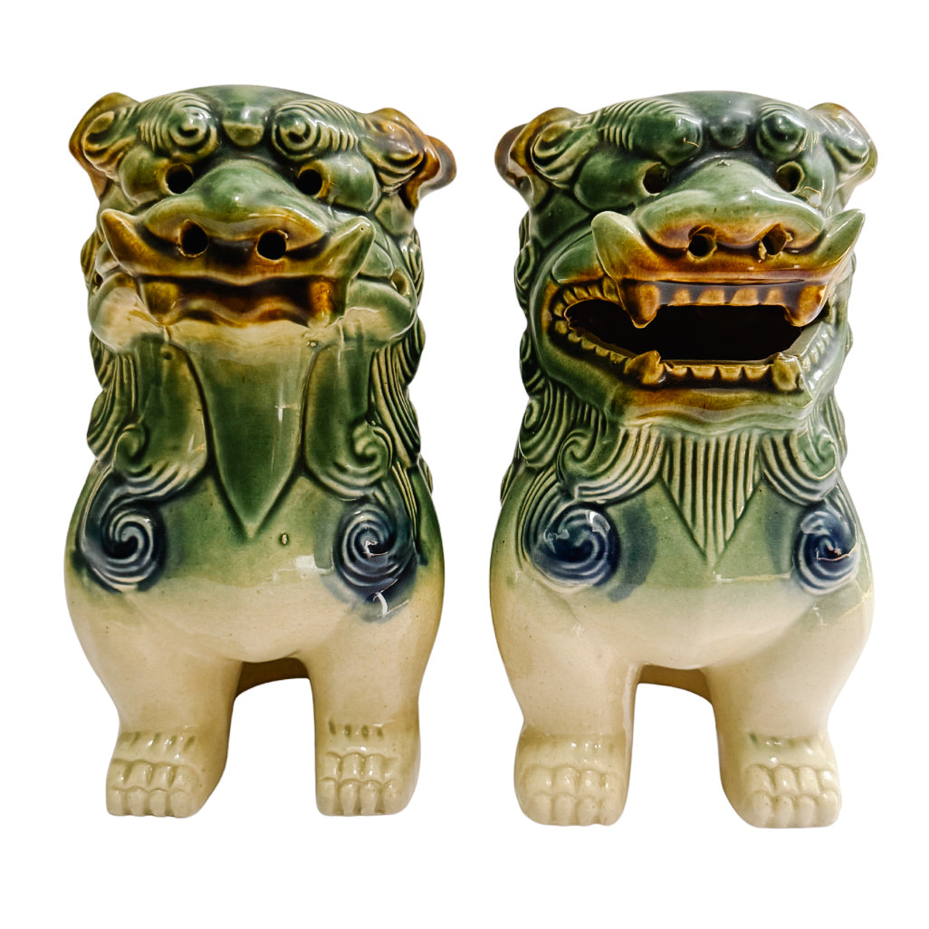 Pair Of Green & Blue Glazed Ceramic Foo Dog Figurines