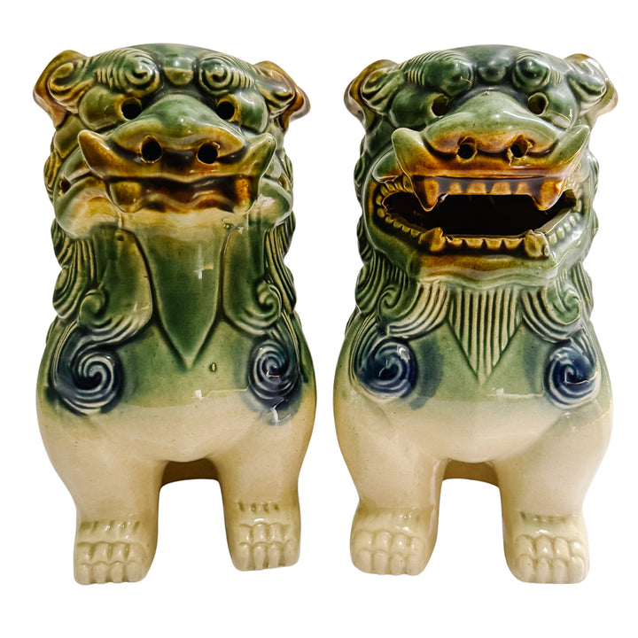 Pair Of Green & Blue Glazed Ceramic Foo Dog Figurines