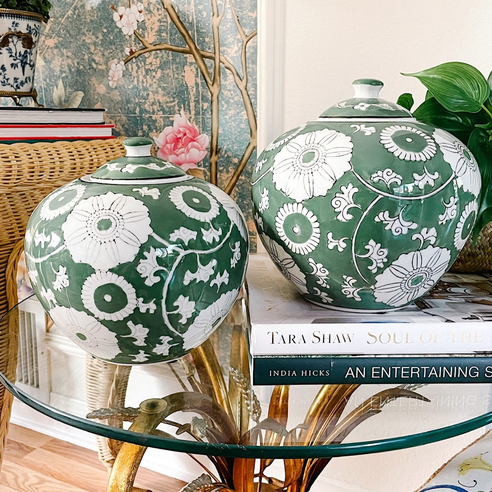 Pair Of Green & White Scrolling Chrysanthemums Ginger Jars