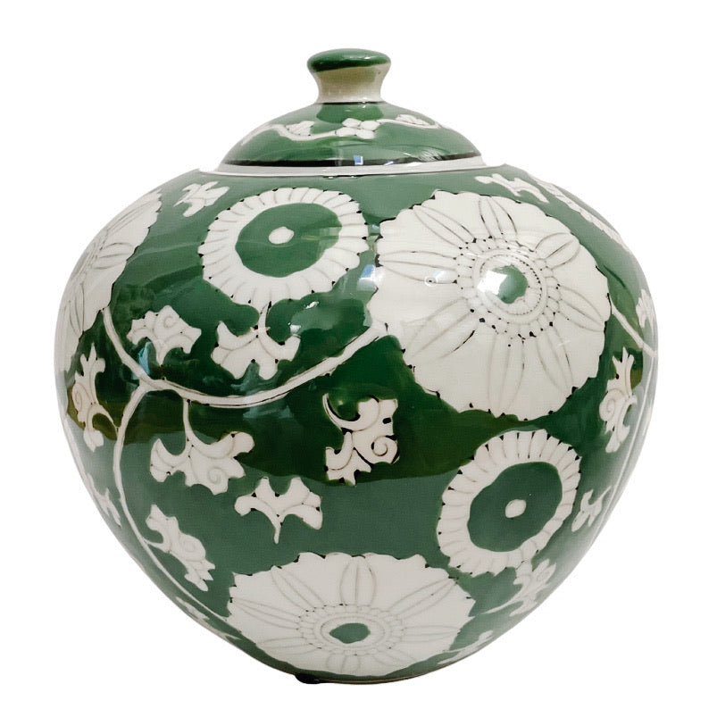 Pair Of Green & White Scrolling Chrysanthemums Ginger Jars