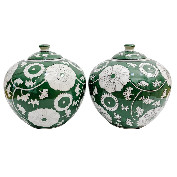 Pair Of Green & White Scrolling Chrysanthemums Ginger Jars