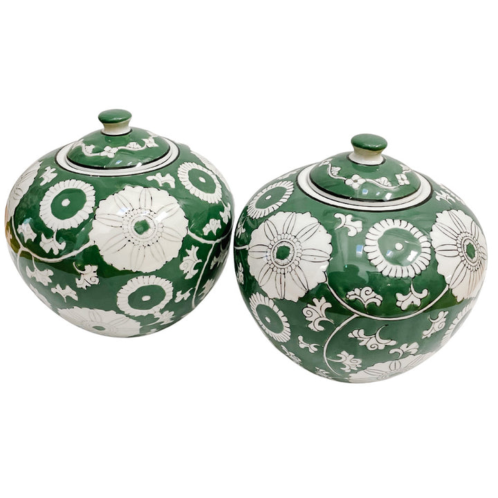 Pair Of Green & White Scrolling Chrysanthemums Ginger Jars