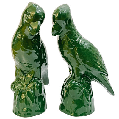 Pair Of Large 12" Portuguese Green Glazed ceramic Parrots