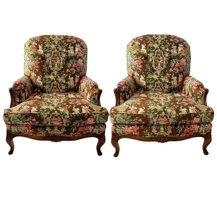 Mocha Mousse Chinoiserie Upholstery Bergere Chairs