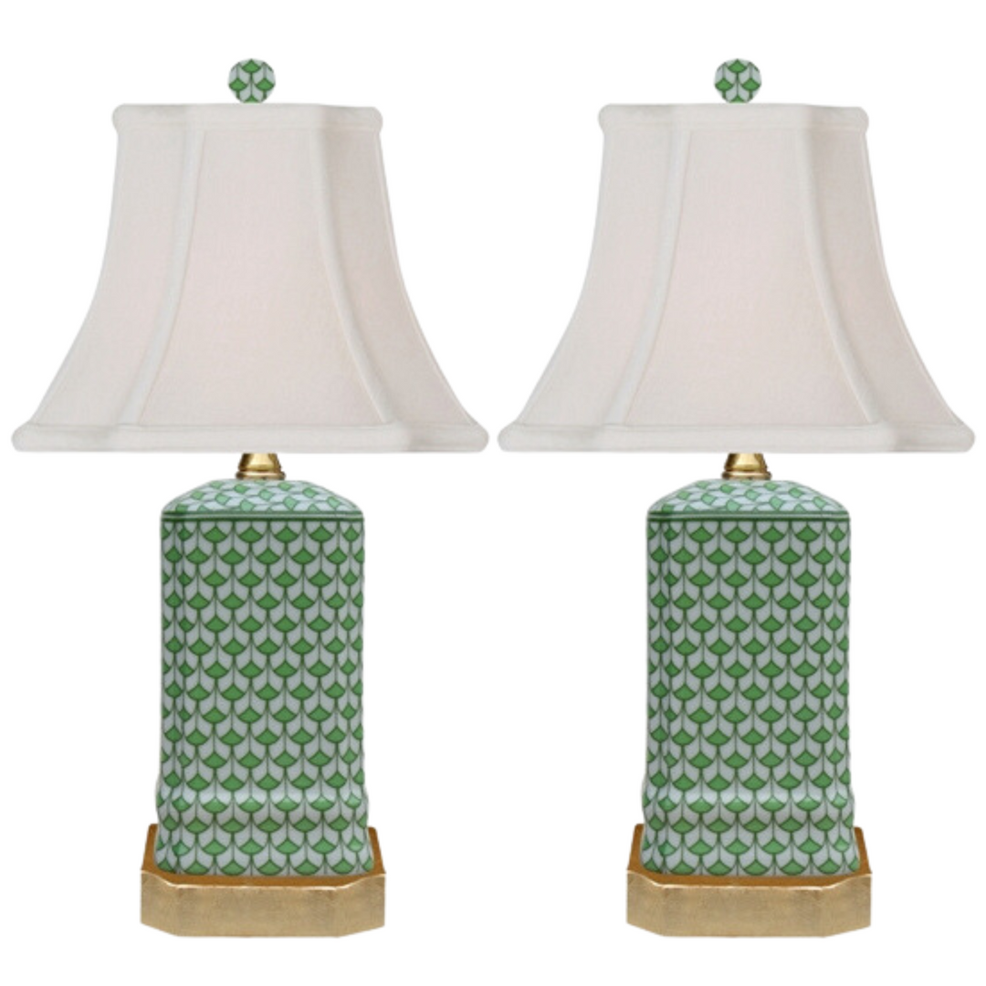 Pair Of Petite Green & White Fishnet Porcelain Table Lamps With Gold Base