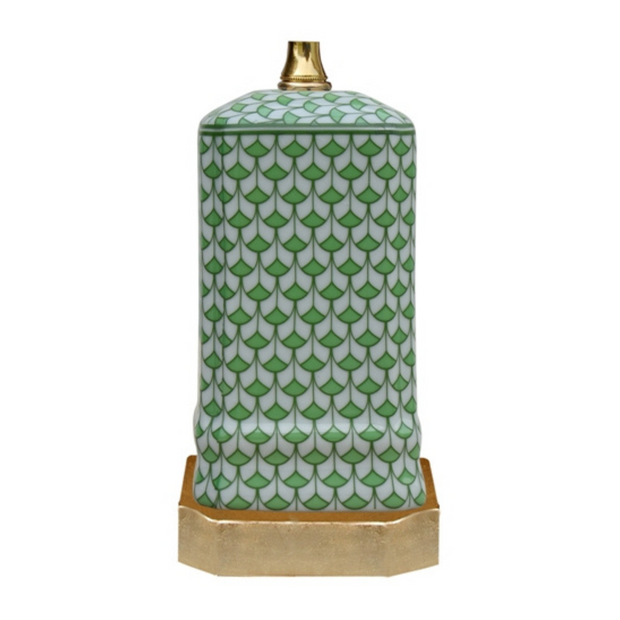 Single Petite Green & White Fishnet Porcelain Table Lamp With Gold Base
