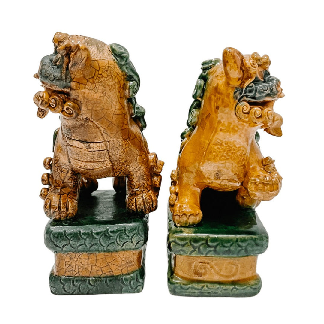 Pair Of 5.5” Brown & Green Glazed Foo Dogs On Pedestal