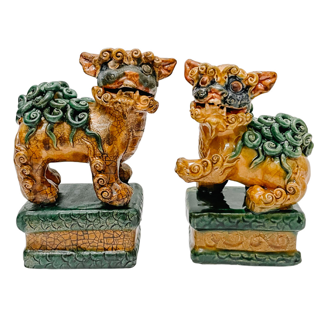 Pair Of 5.5” Brown & Green Glazed Foo Dogs On Pedestal