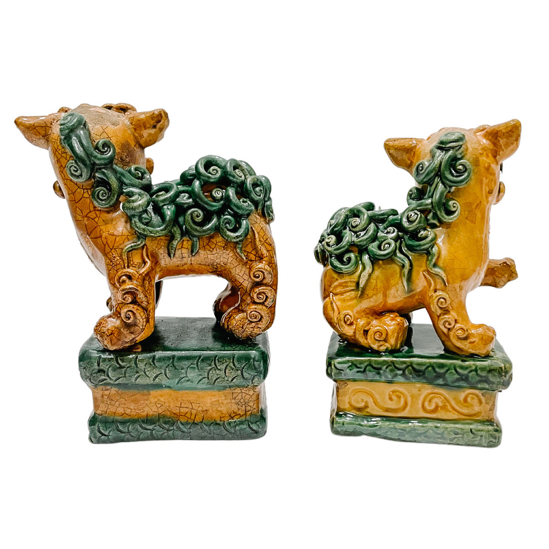 Pair Of 5.5” Brown & Green Glazed Foo Dogs On Pedestal