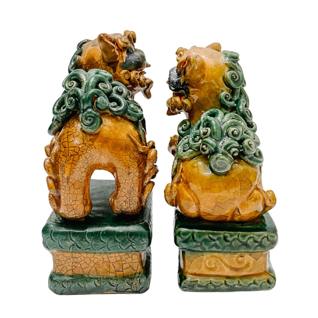 Pair Of 5.5” Brown & Green Glazed Foo Dogs On Pedestal