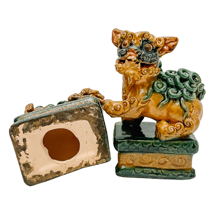 Pair Of 5.5” Brown & Green Glazed Foo Dogs On Pedestal