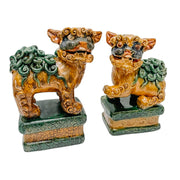 Pair Of 5.5” Brown & Green Glazed Foo Dogs On Pedestal