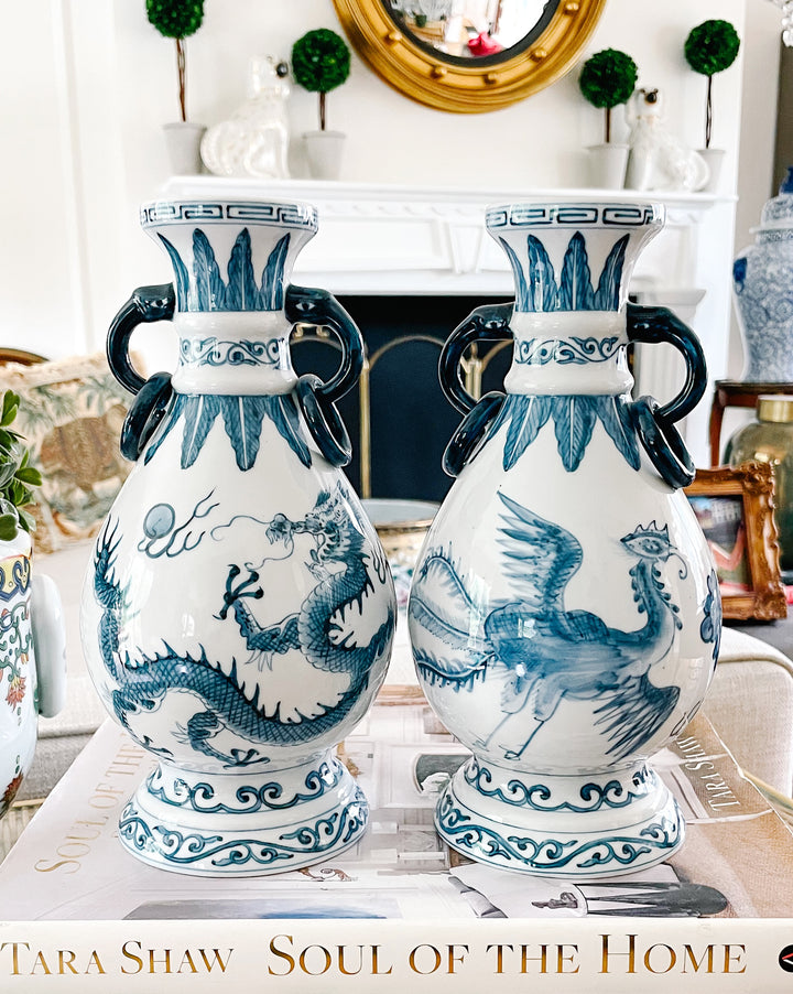 Pair Of Vintage Blue & White Petite Dragon Vases