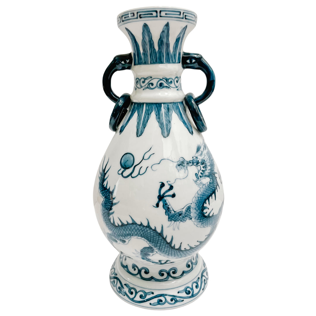 Pair Of Vintage Blue & White Petite Dragon Vases