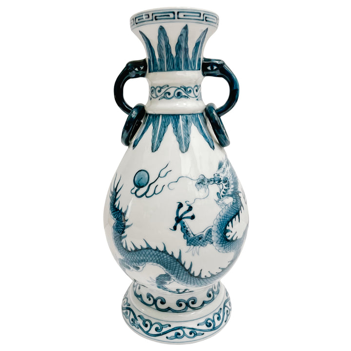 Pair Of Vintage Blue & White Petite Dragon Vases
