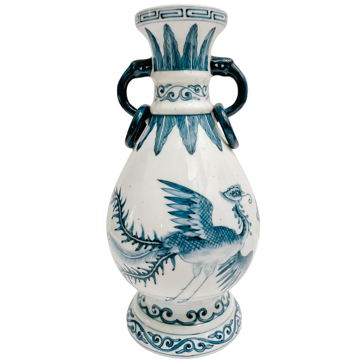 Pair Of Vintage Blue & White Petite Dragon Vases