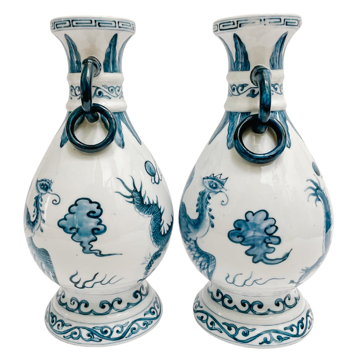Pair Of Vintage Blue & White Petite Dragon Vases