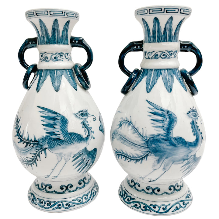 Pair Of Vintage Blue & White Petite Dragon Vases