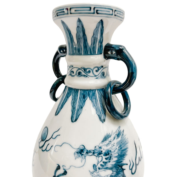 Pair Of Vintage Blue & White Petite Dragon Vases