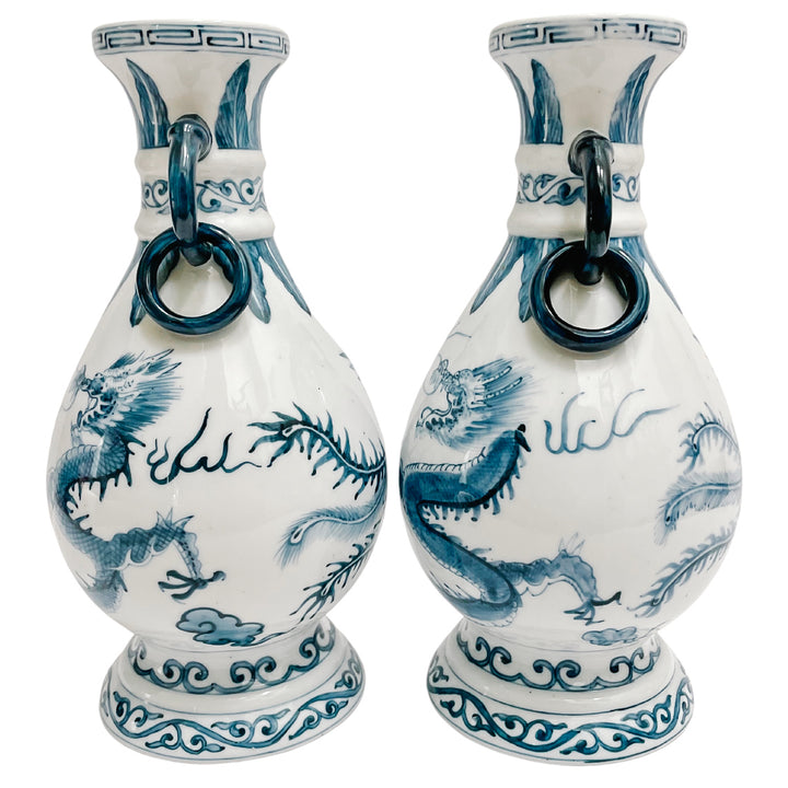 Pair Of Vintage Blue & White Petite Dragon Vases
