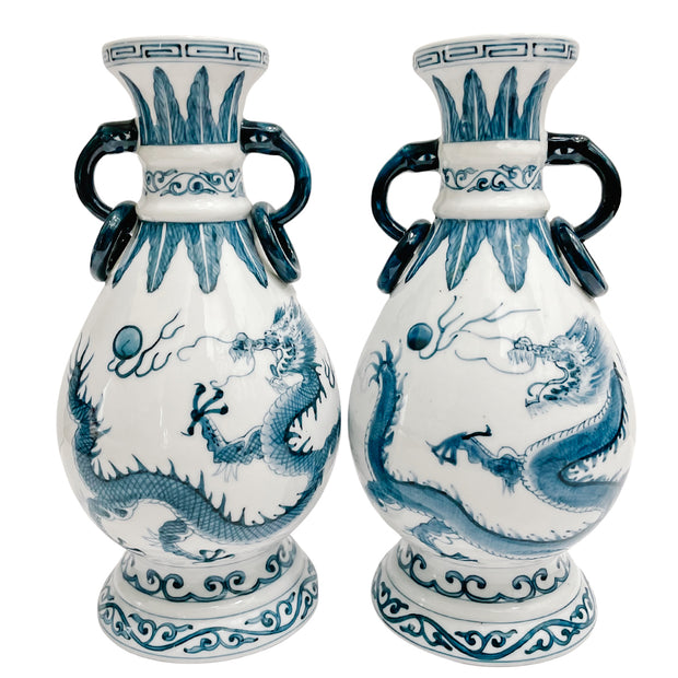 Pair Of Vintage Blue & White Petite Dragon Vases