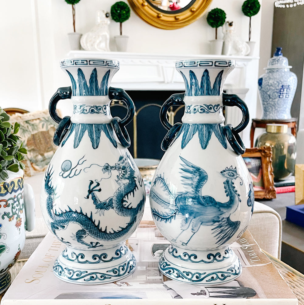 Pair Of Vintage Blue & White Petite Dragon Vases