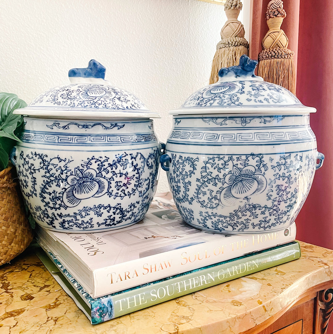 Pair Of Vintage Blue & White Rice Jars With Foo Dog Lids