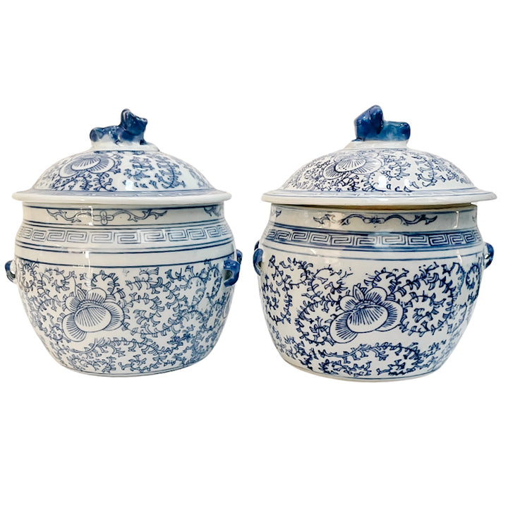 Pair Of Vintage Blue & White Rice Jars With Foo Dog Lids