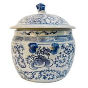 Pair Of Vintage Blue & White Rice Jars With Foo Dog Lids