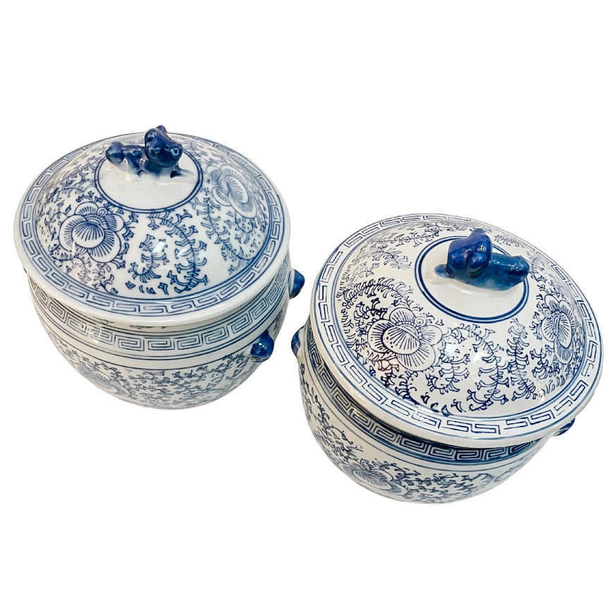 Pair Of Vintage Blue & White Rice Jars With Foo Dog Lids