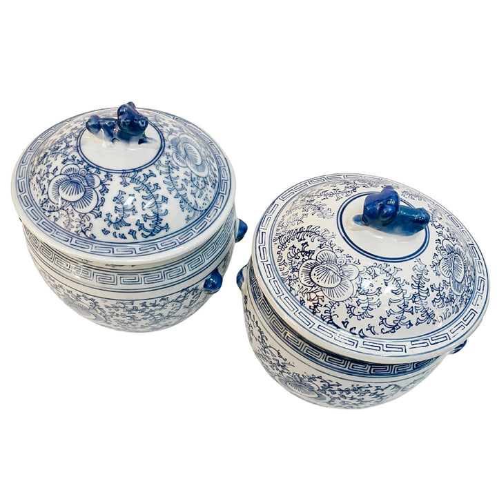 Pair Of Vintage Blue & White Rice Jars With Foo Dog Lids