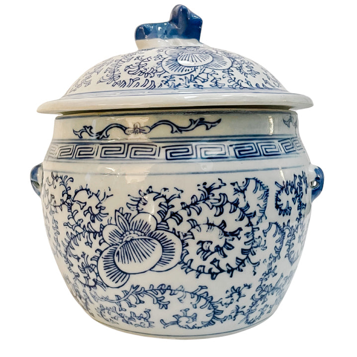 Pair Of Vintage Blue & White Rice Jars With Foo Dog Lids