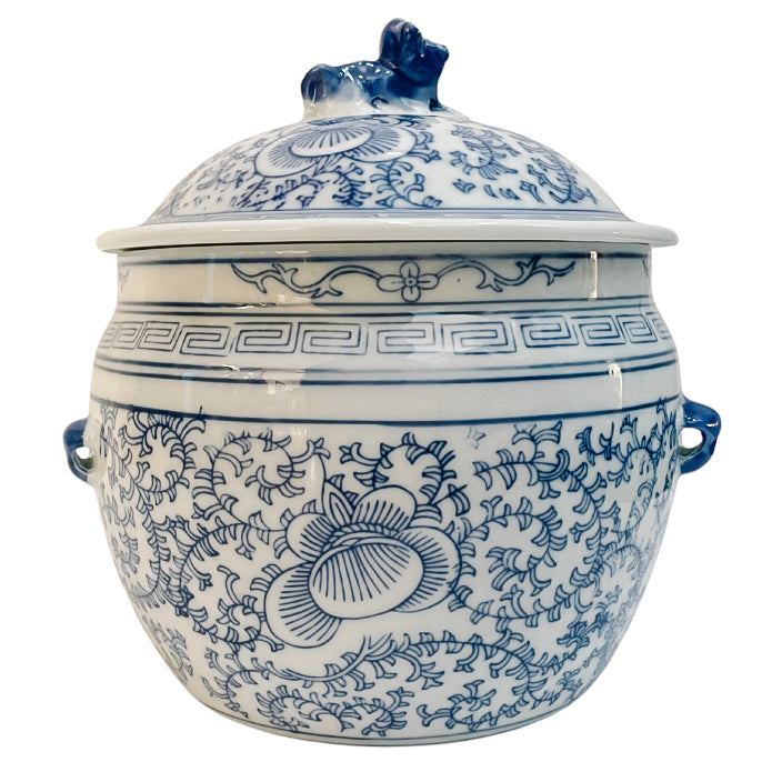 Pair Of Vintage Blue & White Rice Jars With Foo Dog Lids