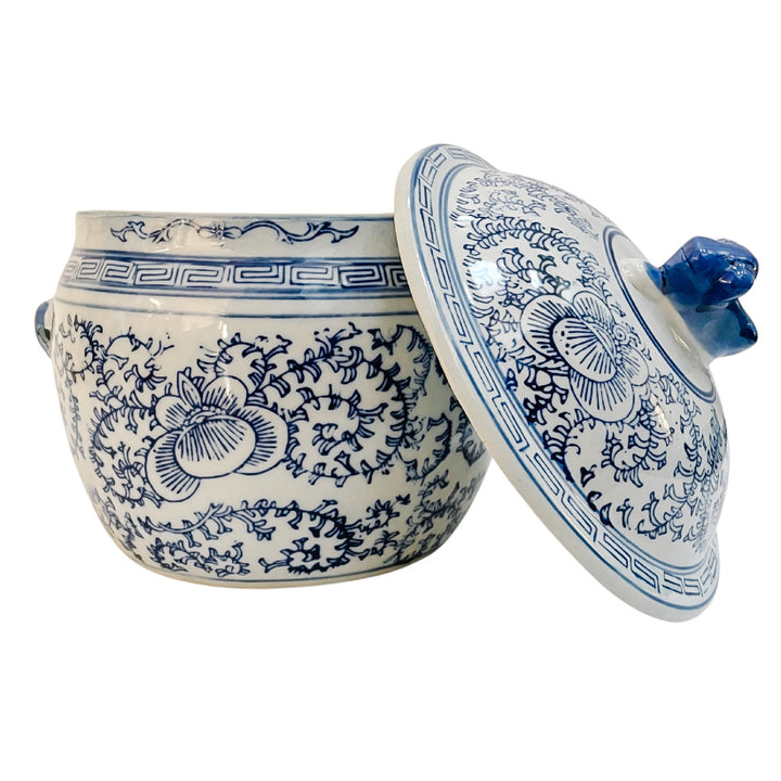 Pair Of Vintage Blue & White Rice Jars With Foo Dog Lids