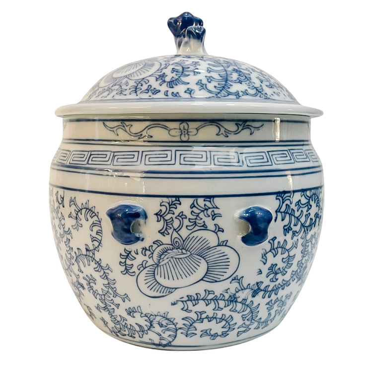 Pair Of Vintage Blue & White Rice Jars With Foo Dog Lids