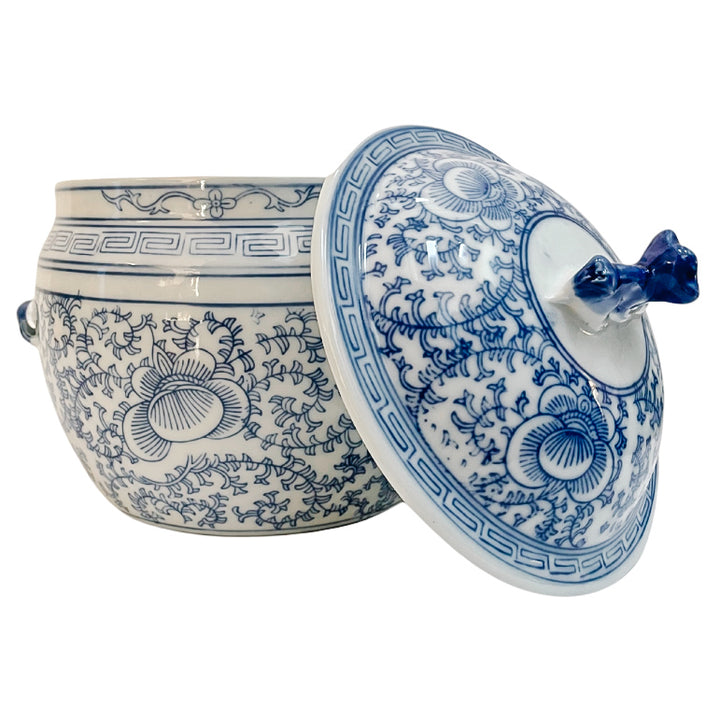 Pair Of Vintage Blue & White Rice Jars With Foo Dog Lids