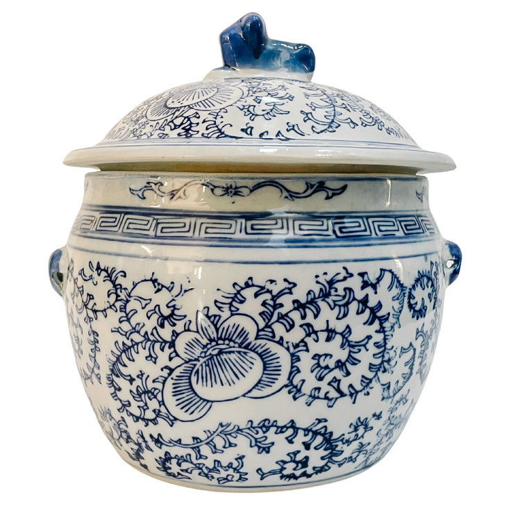 Pair Of Vintage Blue & White Rice Jars With Foo Dog Lids