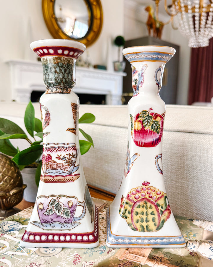 Vintage Chinoiserie English Tea Porcelain Candlestick Holders