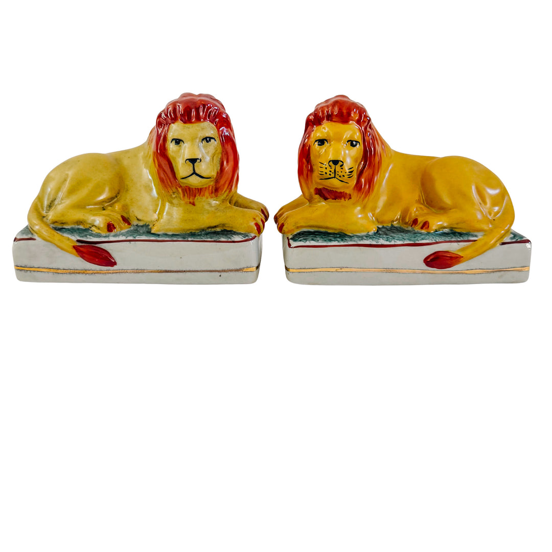 Pair Of Vintage Staffordshire Recumbent Lions 