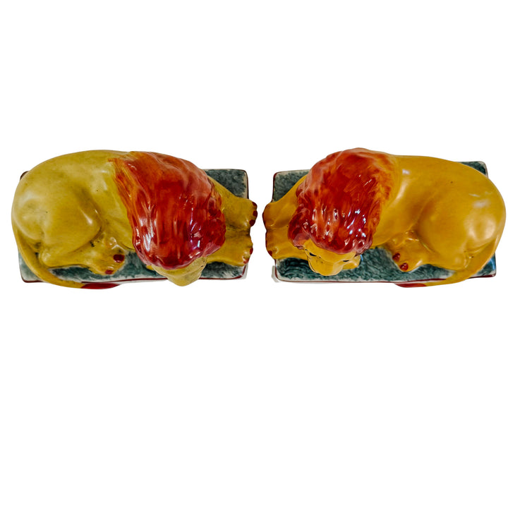 Pair Of Vintage Staffordshire Recumbent Lions 