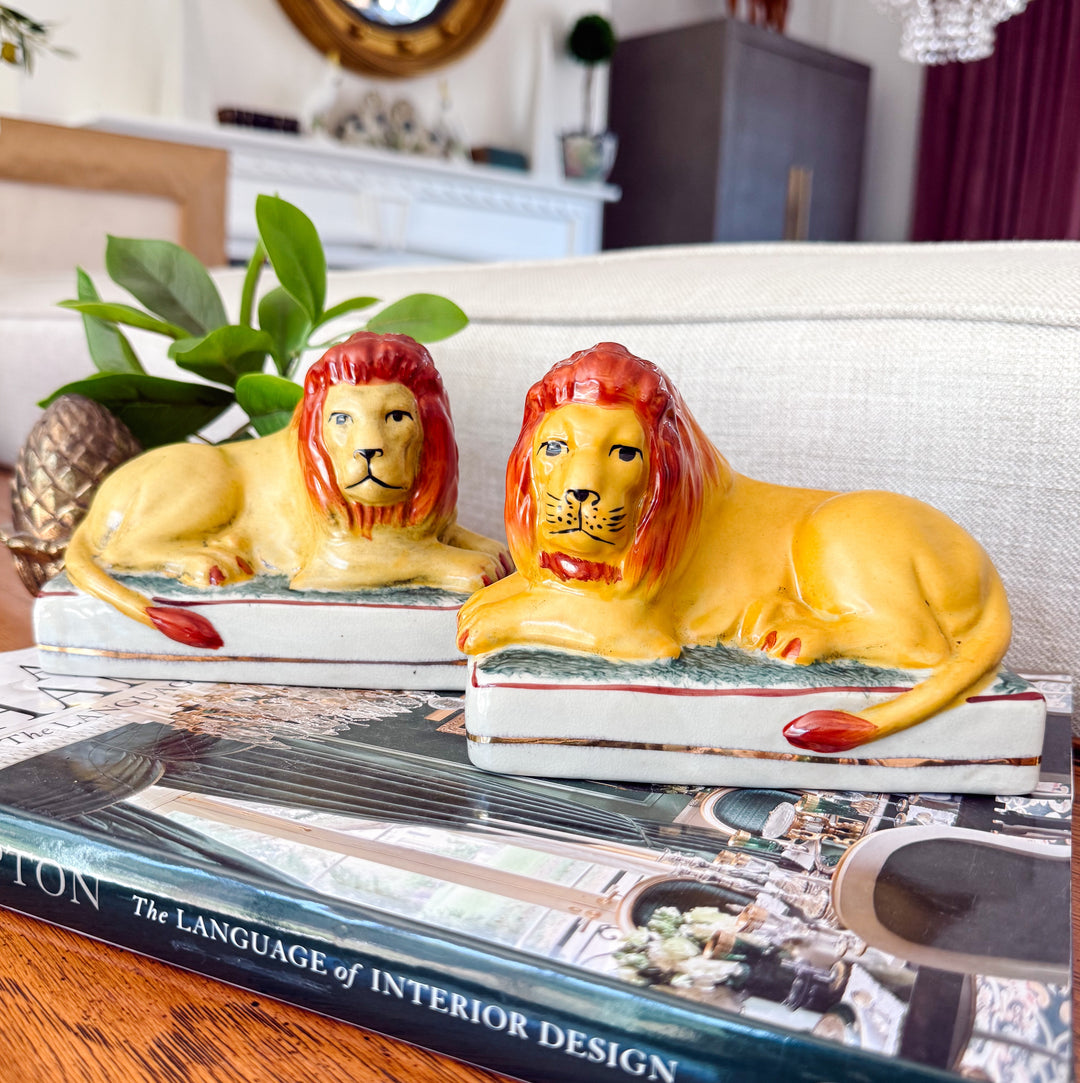 Pair Of Vintage Staffordshire Recumbent Lions 