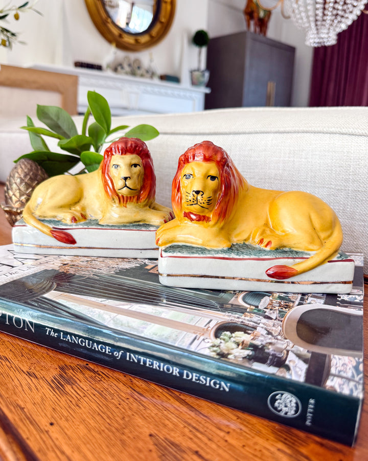 Pair Of Vintage Staffordshire Recumbent Lions 