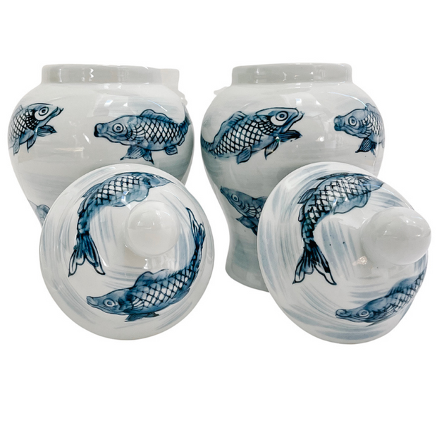 Pair Of Blue & White Chinoiserie Koi Fish Jars