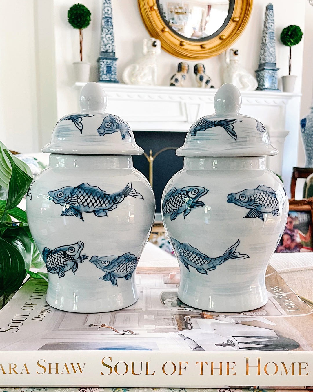 Pair Of Blue & White Chinoiserie Koi Fish Jars